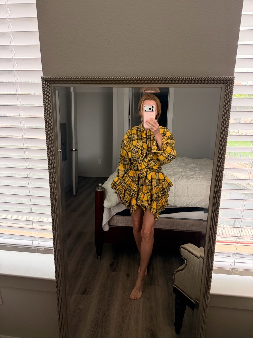 Marika Yellow Plaid Tie-Front Ruffle Mini skirt